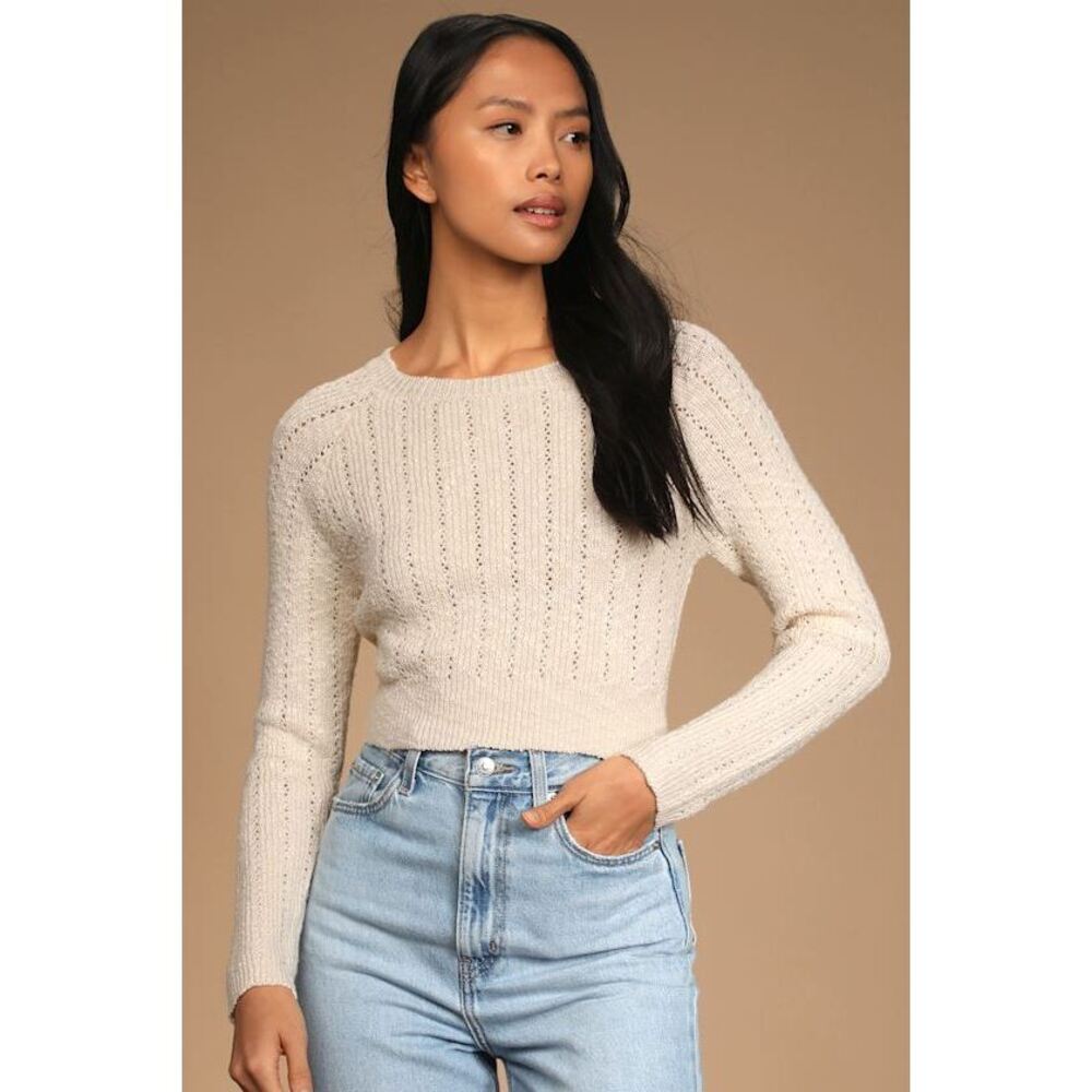 Lulus So Lovely Cream Knit Tie-back Sweater Beige - Size M